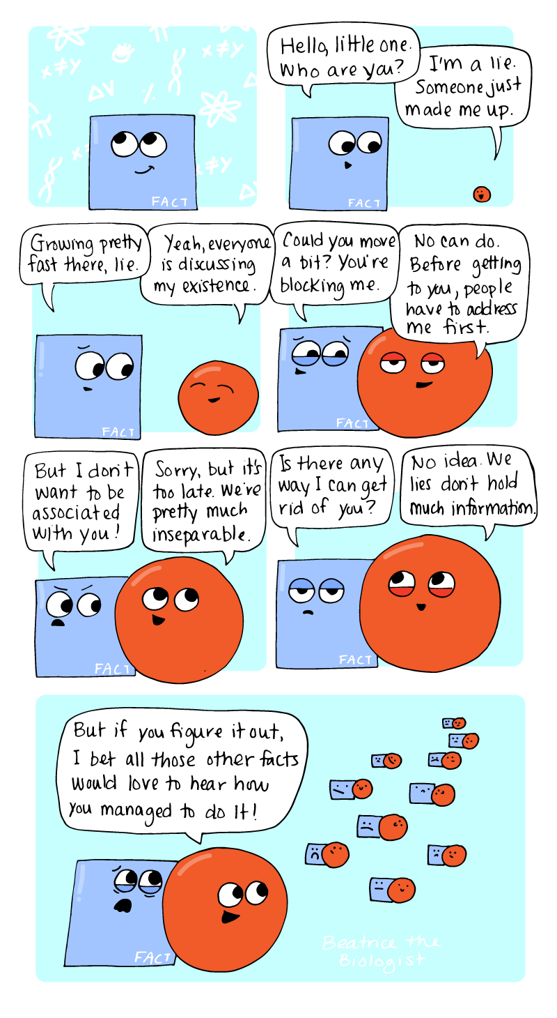 hello little one, who are you. i'm a lie. someone just made me up. growing pretty fast there, lie. yeah, everyone is discussing my existence. could you move a bit? you're blocking me. no can do. before getting to you, people have to address me first. but i don't want to be associated with you. sorry, but it's too late. we're pretty much inseparable. is there any way i can get rid of you? no idea. we lies don't hold much information. but if you figure it out, I bet all those other facts would love to hear how you managed to do it!